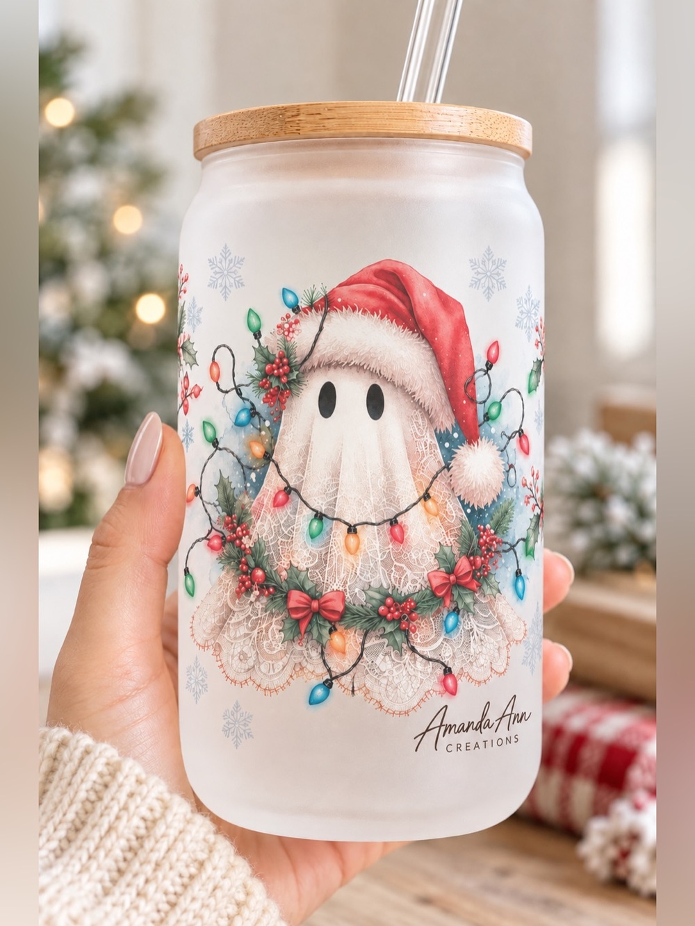 Christmas Ghost 16 oz Frosted Glass Cup with Plastic Straw